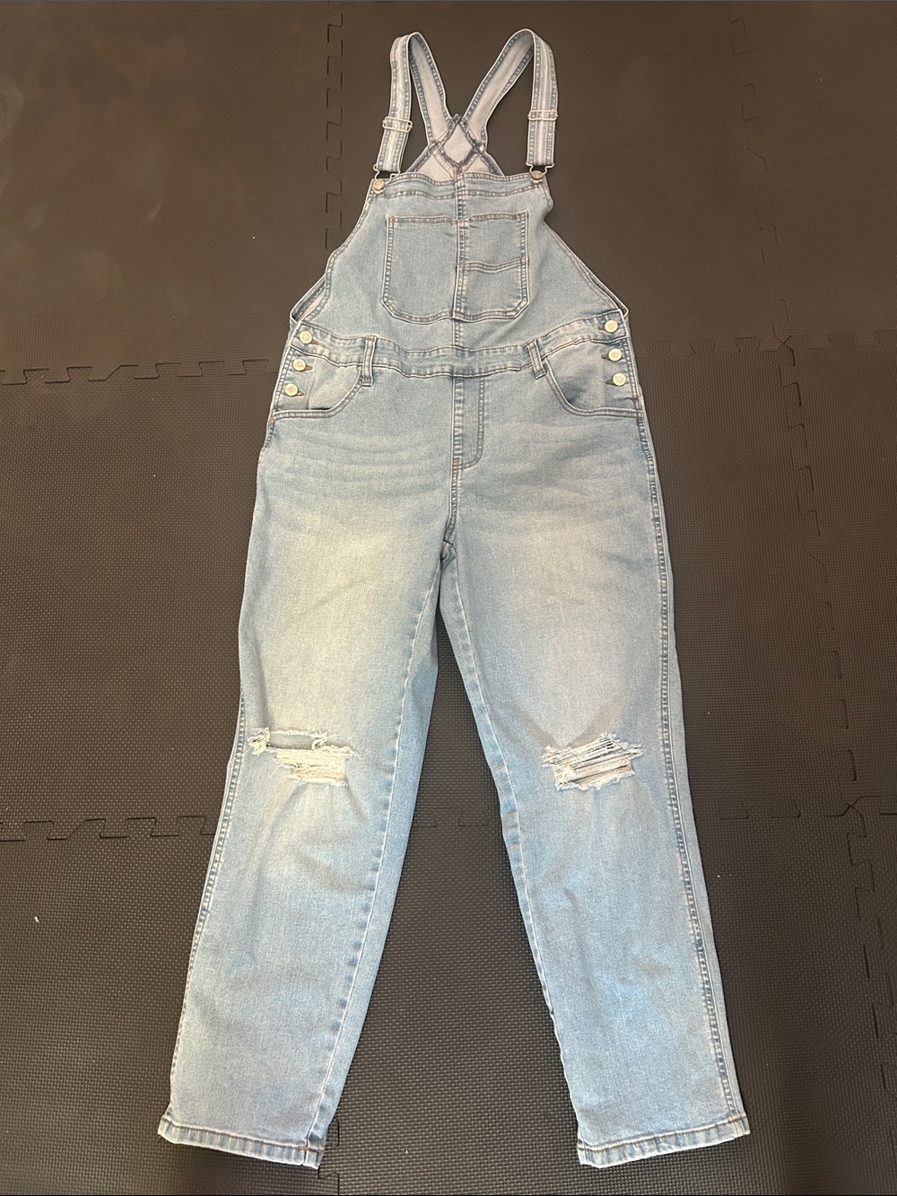 Celebrity Pink Light Wash Denim Women's Overalls with Distressed Knees
